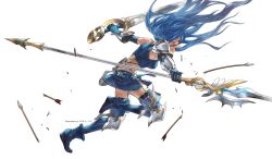Rule 34 | 1girl, armor, arrow (projectile), artist name, belt, blue eyes, blue hair, broken arrow, dual wielding, elbow gloves, floating hair, full body, fur trim, garter straps, gauntlets, gloves, highres, holding, holding sword, holding weapon, kozaki yuusuke, long hair, looking away, midriff, miniskirt, official art, open mouth, pauldrons, polearm, shoulder armor, simple background, skirt, sleeveless, solo, spear, sword, thighhighs, transparent background, very long hair, weapon, zettai ryouiki