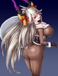Rule 34 | 1girl, alternate costume, animal costume, artist request, ass, bag, bell, blush, bow, breasts, christmas, gloves, granblue fantasy, highres, horns, jingle bells, large breasts, long hair, looking at viewer, open mouth, red eyes, reindeer costume, sideboob, silver hair, skin tight, smile, solo, threo (granblue fantasy), very long hair