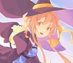 Rule 34 | 1girl, :d, atelier (series), atelier ayesha, coat, detached collar, eyelashes, hair ribbon, hand up, hat, highres, long hair, long sleeves, open mouth, orange eyes, pink hair, pink pupils, purple coat, purple hat, ribbon, short hair with long locks, smile, solo, teeth, upper teeth only, virno, wilbell voll-ersleid, witch hat, yellow ribbon