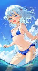 Rule 34 | 1girl, absurdres, animal hair ornament, bikini, blue bikini, blue eyes, blue hair, blue nails, blunt bangs, blush, dalgom0128, fins, fish tail, frilled bikini, frilled swimsuit, frills, from below, gawr gura, hair ornament, highres, hololive, hololive english, long hair, looking at viewer, multicolored hair, nail polish, navel, open mouth, shark hair ornament, shark tail, sharp teeth, smile, solo, splashing, streaked hair, string bikini, swimsuit, tail, teeth, upper teeth only, virtual youtuber, wading, water, white hair