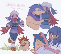 1girl :d akari_(pokemon) black_sash blue_eyes blue_hair blue_kimono blush closed_eyes closed_mouth commentary_request creatures_(company) cyndaquil evolutionary_line eyelashes fire full_body galaxy_expedition_team_survey_corps_uniform game_freak gen_2_pokemon hand_on_another&#039;s_head headscarf hisuian_typhlosion hug japanese_clothes kimono long_hair multiple_views nintendo obi open_mouth pokemon pokemon_(creature) pokemon_legends:_arceus ponytail quilava red_scarf sash scarf shirt sidelocks simple_background smile socks teeth translation_request upper_teeth_only user_zjvn2423 white_background white_headscarf white_shirt white_socks