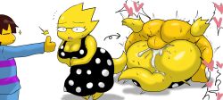 Rule 34 | 1boy, 1girl, alphys, animal ears, ass, blush, breasts, brown hair, colored skin, cum, cum in pussy, enigi09, frisk (undertale), heart, hetero, highres, horns, huge ass, interspecies, large breasts, lying, lying on person, mating press, monster girl, on person, sex, short hair, speech bubble, undertale, yellow skin