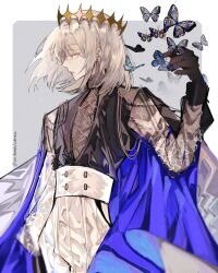 Rule 34 | 1boy, absurdres, alternate costume, blue eyes, bug, butterfly, cape, crown, diamond hairband, earrings, expressionless, fate/grand order, fate (series), highres, insect, insect on finger, jewelry, long sleeves, maidhao, male focus, medium hair, no wings, oberon (fate), profile, see-through, see-through shirt, signature, simple background, solo, white background