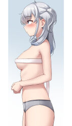 Rule 34 | 1girl, absurdres, ahoge, blue eyes, blush, breasts, cowboy shot, from side, grey hair, grey panties, highres, kantai collection, kiritto, long hair, medium breasts, one side up, panties, parted lips, profile, solo, suzutsuki (kancolle), tape measure, underwear