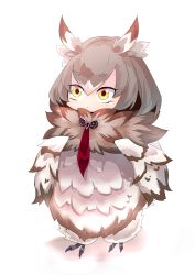 Rule 34 | 1girl, absurdres, blush, brown eyes, brown hair, chibi, commentary request, feathered wings, feathers, fluffy, harpy, highres, monster girl, monster girl encyclopedia, necktie, owl girl, owl mage (monster girl encyclopedia), simple background, solo, talons, white background, winged arms, wings, yellow eyes, yositsune