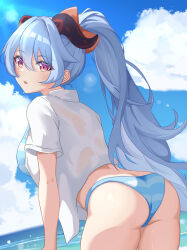 Rule 34 | 1girl, alternate hairstyle, ass, bikini, blue bikini, blue hair, blue sky, breasts, bu weizhuang, cloud, commentary request, cowboy shot, day, ganyu (genshin impact), genshin impact, highres, horns, large breasts, long hair, looking at viewer, open mouth, ponytail, purple eyes, shirt, sky, solo, standing, striped bikini, striped clothes, swimsuit, thighs, very long hair, white shirt