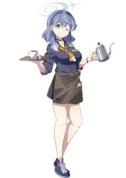 Rule 34 | 1girl, ;), ako (blue archive), alternate costume, apron, black choker, black shirt, blue archive, blue eyes, blue hair, bracelet, brown apron, choker, clipboard, coffee, coffee cup, coffee pot, collarbone, collared shirt, commentary request, cup, disposable cup, dual wielding, full body, hair between eyes, hairband, halo, head tilt, highres, holding, holding tray, jewelry, long hair, long sleeves, looking at viewer, name tag, necklace, one eye closed, pen, pendant, shirt, shoes, sidelocks, simple background, sleeves rolled up, smile, sneakers, solo, standing, tray, waist apron, waitress, white background, yukimi unagi
