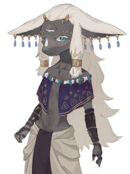Rule 34 | 1boy, aged down, animal nose, armlet, arms at sides, bare shoulders, black fur, blue eyes, blush, body fur, capelet, child, closed mouth, collarbone, colored eyelashes, cowboy shot, earrings, furry, furry male, gold, hair ornament, hair slicked back, highres, horns, jewelry, katamuki, light blush, long hair, looking at viewer, male focus, multiple earrings, multiple rings, navel, nintendo, no shirt, off shoulder, purple capelet, rabbit boy, rabbit ears, rauru (tears of the kingdom), ring, shendyt, sidelocks, simple background, snout, solo, standing, stomach, the legend of zelda, the legend of zelda: tears of the kingdom, third eye, very long hair, white background, white hair, yellow horns, zonai