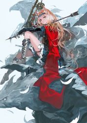 Rule 34 | 1girl, alchemaniac, animal ears, archetto (arknights), arknights, arrow (projectile), black dress, black gloves, blonde hair, blue eyes, boots, bow (weapon), breasts, cape, commentary request, cross-laced footwear, dress, elbow gloves, epaulettes, fingerless gloves, frilled dress, frills, from side, gloves, grey footwear, griffin, heterochromia, highres, knee boots, knees up, lace-up boots, long hair, looking at viewer, looking to the side, medium breasts, mixed-language commentary, open mouth, red cape, red eyes, simple background, sitting, solo, tail, thigh strap, tiara, very long hair, weapon, white background