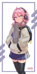Rule 34 | 1girl, absurdres, ahoge, alternate costume, arknights, arpeggio kaga, backpack, bag, black thighhighs, blue eyes, blue poison (arknights), blue skirt, casual, coat, fringe trim, grey scarf, hair over shoulder, hands in pockets, headphones, highres, long hair, long sleeves, looking at viewer, low twintails, miniskirt, parted lips, pink hair, pleated skirt, scarf, skirt, solo, standing, thighhighs, twintails, white coat, winter clothes, zettai ryouiki