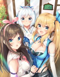 Rule 34 | .live, 3girls, absurdres, amagi korona, blonde hair, blue eyes, blush, breasts, brown hair, cleavage, closed mouth, commentary request, cowboy shot, detached collar, elbow gloves, from side, gloves, hair ornament, highres, kizuna ai, kizuna ai inc., large breasts, long hair, looking at viewer, medium breasts, mirai akari, mirai akari project, multiple girls, open mouth, outdoors, pink hair, ponytail, shiny skin, shirt, side ponytail, silver hair, dennou shoujo siro, skirt, taut clothes, taut shirt, virtual youtuber
