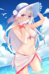 Rule 34 | 10s, 1girl, alternate costume, bikini, breasts, cleavage, cloud, cloudy sky, collarbone, colored eyelashes, day, dutch angle, emilia (re:zero), front-tie top, groin, halterneck, halterneck, hands on headwear, hat, highres, holding, holding hat, light purple hair, looking at viewer, medium breasts, navel, ocean, open mouth, outdoors, partially submerged, purple eyes, re:zero kara hajimeru isekai seikatsu, sarong, scrunchie, sky, solo, standing, standing on liquid, stomach, sun hat, swimsuit, tong pole, wading, water, white bikini, wrist cuffs, wrist scrunchie