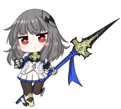 Rule 34 | 1girl, :o, azur lane, bailingxiao jiu, black pantyhose, blue ribbon, blush stickers, chibi, gauntlets, grey hair, hair ornament, head tilt, heart, heart-shaped pupils, holding, holding polearm, holding spear, holding weapon, long hair, looking at viewer, pantyhose, parted lips, pleated skirt, polearm, red eyes, ribbon, saint-louis (azur lane), simple background, skirt, solo, spear, standing, standing on one leg, symbol-shaped pupils, underbust, weapon, white background, white skirt
