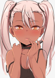 Rule 34 | 1girl, black choker, black shirt, blush, camisole, child, chloe von einzbern, choker, fate (series), finger to mouth, hands up, highres, hiroyuki koto, lipstick, long hair, looking at viewer, makeup, mixed eye color, off shoulder, orange eyes, perfection, pink hair, pink lips, seductive smile, shirt, simple background, smile, solo, tan, tank top, twintails, upper body, white background, yellow eyes