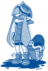 Rule 34 | 1girl, alexysgh, bucket, dated, goggles, goggles on head, highres, inkling, inkling girl, inkling player character, monochrome, nintendo, sandragh, signature, solo, splatoon (series), splatoon 1, tentacle hair, twitter username