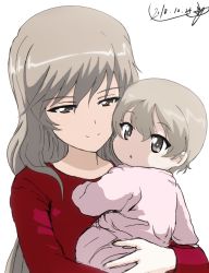 Rule 34 | 10s, 2girls, :o, aged down, artist name, baby, brown eyes, bukkuri, carrying, child carry, closed mouth, commentary, dated, girls und panzer, half-closed eyes, light brown hair, long hair, long sleeves, looking at another, looking at viewer, looking back, mother and daughter, multiple girls, onesie, parted lips, red shirt, shimada arisu, shimada chiyo, shirt, short hair, signature, simple background, smile, very short hair, white background