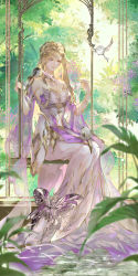 Rule 34 | 1girl, absurdres, bird, blonde hair, bug, butterfly, detached collar, douluo dalu, dress, fern, flying, full body, hair ornament, highres, insect, long hair, mo jin (n/a), qian renxue (douluo dalu), second-party source, sitting, smile, solo, swing set, vegetation, water, white dress