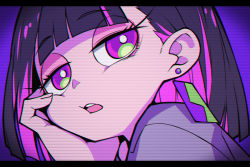 Rule 34 | 1girl, black hair, blunt bangs, close-up, earrings, gorillabbit, hand on own cheek, hand on own face, head rest, jewelry, long eyelashes, looking at viewer, looking to the side, multicolored hair, nira-chan, open mouth, piercing, portrait, purple eyes, purple hair, solo, two-tone hair, unamused, zutto mayonaka de ii no ni