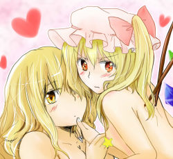 Rule 34 | 2girls, blonde hair, blush, breasts, censored, cleavage, female focus, flandre scarlet, girl on top, grabbing another&#039;s chin, hand on another&#039;s chin, hat, heart, kirisame marisa, multiple girls, novelty censor, nude, shindo, side ponytail, small breasts, touhou, upper body, wings, yellow eyes, yuri