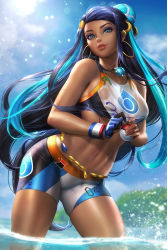 Rule 34 | 1girl, aqua eyes, artist name, bare shoulders, bike shorts, black hair, blue eyes, blue gloves, blue hair, breasts, collarbone, creatures (company), crescent, crescent hair ornament, dark-skinned female, dark skin, day, earrings, eyeshadow, forehead, game freak, gloves, gym leader, hair bun, hair ornament, hairclip, holding, holding poke ball, hoop earrings, jewelry, leaning forward, long hair, makeup, medium breasts, multicolored hair, navel, necklace, neoartcore, nessa (pokemon), nintendo, outdoors, parted lips, poke ball, poke ball (basic), pokemon, pokemon swsh, red lips, see-through, single glove, single hair bun, smile, solo, splashing, sports bra, stomach, sunlight, thighs, toned, two-tone hair, very long hair, water