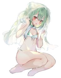 Rule 34 | 1girl, alternate costume, barefoot, blush, bob cut, bra, bridal gauntlets, detached collar, double bun, fang, fingernails, flat chest, full body, green hair, green nails, hair bun, hands up, highres, hololive, invisible floor, nail polish, navel, oimo 0imo, panties, red eyes, seiza, simple background, single bridal gauntlet, sitting, smile, solo, underwear, underwear only, uruha rushia, veil, virtual youtuber, white background, white bridal gauntlets