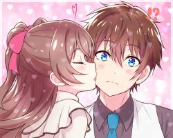 Rule 34 | !?, 1boy, 1girl, black hair, blue eyes, blue necktie, brown hair, closed eyes, closed mouth, commentary, delicious party precure, dress shirt, frown, heart, hetero, highres, kiss, kissing cheek, kyoutsuugengo, long hair, long sleeves, looking at viewer, nagomi yui, necktie, parted lips, precure, red ribbon, ribbon, shinada takumi, shirt, short hair, two side up, vest, white shirt, white vest, wing collar