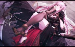Rule 34 | 1girl, black cloak, black nails, blush, brown footwear, cloak, fenrir (fenlil0316), fingernails, floating, head rest, high heels, highres, hololive, hololive english, crossed legs, long hair, looking at viewer, mori calliope, nail polish, parted lips, pink hair, purple eyes, scythe, see-through, sitting, smile, solo, thighhighs, torn, torn cloak, torn clothes, veil, virtual youtuber, weapon