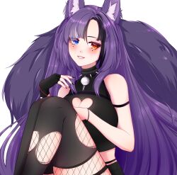 Rule 34 | 1girl, absurdres, animal ear fluff, animal ears, awful queen (vtuber), bad source, black nails, breasts, clothing cutout, fox ears, fox girl, fox tail, haharii, heart cutout, heterochromia, highres, indie virtual youtuber, large breasts, looking at viewer, monster girl, purple hair, solo, tail, virtual youtuber, white background