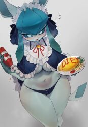 Rule 34 | 1girl, absurdres, animal ears, black panties, blue eyes, blue hair, blue sclera, bottle, breasts, colored sclera, commentary request, creatures (company), food, furry, furry female, game freak, gen 4 pokemon, glaceon, glaceon (tea party), grey background, highres, holding, holding bottle, holding plate, ketchup, ketchup bottle, large breasts, musical note, navel, nintendo, omelet, omurice, panties, plate, pokemon, pokemon unite, simple background, solo, underboob, underwear, yuio58ok