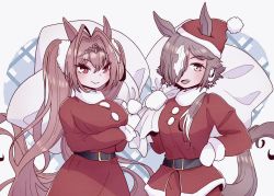 Rule 34 | 2girls, :d, animal ears, b6mti, belt, belt buckle, black belt, breasts, brown eyes, brown hair, buckle, closed mouth, commentary, daiwa scarlet (umamusume), dress, ears through headwear, grey background, hair intakes, hand on own hip, hat, highres, holding, holding sack, horse ears, horse girl, horse tail, jacket, large breasts, long hair, long sleeves, mittens, multicolored hair, multiple girls, open mouth, pants, red dress, red eyes, red headwear, red jacket, red pants, sack, santa costume, santa hat, smile, symbol-only commentary, tail, tiara, tilted headwear, twintails, two-tone hair, umamusume, very long hair, vodka (umamusume), white hair, white mittens