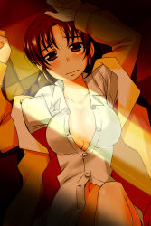 Rule 34 | 1girl, arms up, blush, breasts, brown eyes, brown hair, cleavage, coat, collarbone, commentary request, highres, large breasts, looking at viewer, lying, mature female, naked shirt, navel, nishi koutarou, on back, open clothes, open coat, original, shirt, solo, tile floor, tiles, unbuttoned