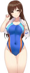 Rule 34 | 1girl, bare shoulders, blue one-piece swimsuit, blush, breasts, brown eyes, brown hair, closed mouth, collarbone, competition swimsuit, covered navel, highres, hip focus, idolmaster, idolmaster cinderella girls, long hair, looking at viewer, medium breasts, nitta minami, one-piece swimsuit, simple background, smile, solo, sukebewe, swimsuit, thighs, towel, towel around neck, white background