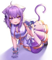 Rule 34 | 1girl, absurdres, ahoge, animal ears, bad id, bad twitter id, blush, breasts, cat ears, cat tail, deaver, food-themed hair ornament, gloves, hair ornament, hand up, highres, hololive, looking at viewer, medium breasts, nekomata okayu, pink skirt, purple eyes, purple gloves, purple hair, purple legwear, short hair, simple background, skirt, smile, solo, tail, virtual youtuber, white background