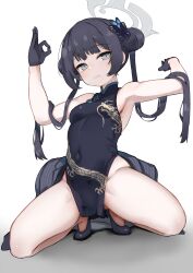 Rule 34 | 1girl, absurdres, armpits, black dress, black gloves, black hair, blue archive, breasts, china dress, chinese clothes, covered navel, double bun, dragon print, dress, gloves, grey eyes, hair bun, halo, highres, johnny (braun-kan cafe), kisaki (blue archive), long hair, looking at viewer, pelvic curtain, print dress, revision, simple background, small breasts, thighs, twintails, white background