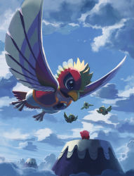 Rule 34 | absurdres, bird, blue sky, character request, check character, cloud, day, dyna blade, dyna chick, flying, highres, kirby, kirby (series), looking at another, nintendo, outdoors, scenery, sky, suyasuyabi