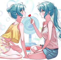 Rule 34 | 2girls, aqua hair, arm support, bang dream!, bare shoulders, blue shorts, blush, commentary request, crop top, crop top overhang, electric fan, feeding, floral print, food, fruit, full body, green eyes, hair bun, hikawa hina, hikawa sayo, holding, holding food, indian style, kneeling, korean commentary, looking at another, miniskirt, multiple girls, open mouth, ponytail, shirt, short hair, shorts, siblings, sidelocks, single hair bun, sitting, skirt, sleeveless, sleeveless shirt, tank top, twins, watermelon, white tank top, yellow skirt, yellow tank top, zihacheol