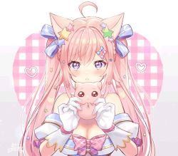 Rule 34 | 1girl, ahoge, animal ears, animated, bare shoulders, blue ribbon, blush, bow, braid, breasts, cat ears, cat tail, cleavage, closed mouth, creature, detached sleeves, enomiya milk, gloves, hair ornament, hair ribbon, hairclip, heart, holding, long hair, looking at viewer, medium breasts, noripro, okanoyuno, pink bow, pink hair, purple eyes, ribbon, short sleeves, sidelocks, solo, star (symbol), star hair ornament, tail, twintails, ugoira, upper body, virtual youtuber, white gloves