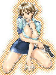 Rule 34 | 1girl, areola slip, bang-you, between breasts, breasts, cleavage, covered erect nipples, cuffs, gun, handcuffs, handgun, large breasts, nipple slip, nipples, original, pencil skirt, pistol, police, police uniform, policewoman, revolver, short hair, skirt, solo, uniform, weapon