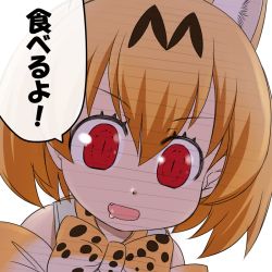 Rule 34 | 10s, 1girl, animal ears, blonde hair, bow, bowtie, drooling, fang, hanya (hanya yashiki), kemono friends, looking at viewer, mouth drool, open mouth, print bow, print bowtie, print neckwear, red eyes, saliva, serval (kemono friends), serval print, shaded face, short hair, slit pupils, smile, solo, yellow bow, yellow bowtie