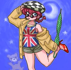 Rule 34 | 1girl, :p, bare shoulders, beret, blue eyes, braid, checkered clothes, checkered headwear, coat, cowboy shot, earrings, gender request, genderswap, glasses, hat, high heels, jewelry, looking at viewer, necklace, one eye closed, polka dot, ranma-chan, ranma 1/2, red hair, saotome ranma, shorts, single braid, solo, standing, standing on one leg, sunglasses, tank top, tongue, tongue out, umbrella, union jack, wanta (futoshi), wink