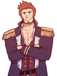 Rule 34 | 1boy, a hemhem, blue eyes, brown hair, crossed arms, epaulettes, facial hair, fate/grand order, fate (series), goatee, head tilt, highres, long sideburns, long sleeves, looking at viewer, male focus, napoleon bonaparte (fate), open clothes, pectoral cleavage, pectorals, sanpaku, short hair, sideburns, smile, solo, upper body