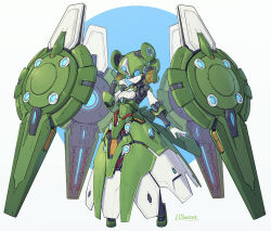 Rule 34 | 1girl, blue eyes, blue sclera, breasts, colored sclera, dress, floating, floating object, full body, green dress, hand on own chest, highres, joints, lc butter, looking at viewer, original, robot girl, robot joints, science fiction, shield, signature, small breasts, smile, solo, standing, two-tone background