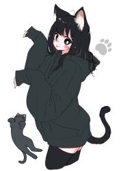 Rule 34 | 1girl, :p, ahoge, animal ears, black eyes, black hair, black hoodie, blush, bright pupils, cat, cat ears, cat girl, cat tail, commentary request, cowboy shot, creature and personification, eyelashes, highres, hood, hoodie, long hair, megateru, messy hair, original, oversized clothes, paw pose, simple background, sleeves past wrists, smile, solo, tail, tareme, thighhighs, tongue, tongue out, white background, white pupils, zettai ryouiki