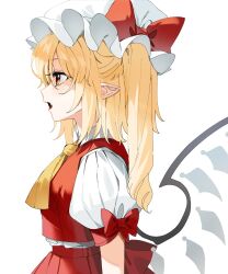 Rule 34 | 1girl, arm at side, ascot, blonde hair, bow, commentary, crystal, eyelashes, fang, flandre scarlet, from side, gotou (nekocat), hair between eyes, hat, hat bow, highres, medium hair, mob cap, open mouth, pointy ears, profile, puffy short sleeves, puffy sleeves, red bow, red eyes, red vest, shirt, short sleeves, side ponytail, simple background, sleeve bow, solo, touhou, tsurime, upper body, vest, white background, white hat, white shirt, wings, yellow ascot