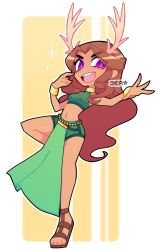 Rule 34 | 1girl, antlers, beads, blush, breasts, brown footwear, brown hair, choker, crop top, eyes visible through hair, green shirt, green shorts, horns, long hair, looking to the side, navel, open mouth, pelvic curtain, purple eyes, sandals, shirt, shorts, small breasts, smile, sparkle, sprayjea, standing, teeth, white background, wristband