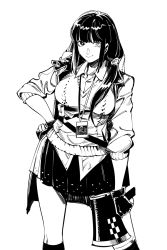 Rule 34 | 1girl, breasts, character request, closed mouth, collared shirt, contrapposto, fingerless gloves, girls&#039; frontline, gloves, greyscale, hand on own hip, heterochromia, highres, kneehighs, large breasts, looking at viewer, megaphone, miniskirt, monochrome, name tag, pleated skirt, ro635 (girls&#039; frontline), ruukii drift, shirt, side ponytail, simple background, skirt, smile, socks, solo, sweater, untucked shirt, white background, wing collar