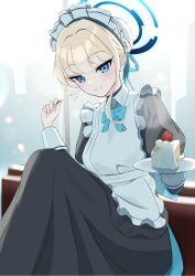 Rule 34 | 1girl, apron, black dress, blonde hair, blue archive, blue bow, blue bowtie, blue eyes, blue halo, bluetaku, blunt bangs, bow, bowtie, bun cover, cake, cake slice, closed mouth, collared dress, commentary request, dress, food, halo, hand up, highres, holding, holding plate, holding spoon, long sleeves, looking at viewer, maid, maid apron, maid headdress, plate, puffy long sleeves, puffy sleeves, single sidelock, sitting, smile, solo, spoon, toki (blue archive), white apron