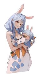 Rule 34 | 2girls, animal ear fluff, animal ears, baby, blue hair, blush, braid, breasts, child, cleavage, highres, holding baby, hololive, large breasts, long hair, looking at viewer, mature female, multicolored hair, multiple girls, pekomama, rabbit ears, rabbit girl, ralph alejandro, short eyebrows, smile, thick eyebrows, usada pekora, virtual youtuber, white hair