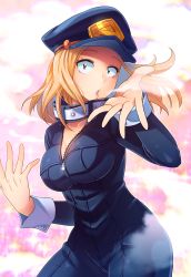 Rule 34 | 10s, 1girl, abiko yuuji, blonde hair, bodysuit, boku no hero academia, breasts, cleavage, cowboy shot, hat, highres, large breasts, looking at viewer, parted lips, pink background, police hat, simple background, smoke, solo, sparkle, unzipped, utsushimi kemii, zipper