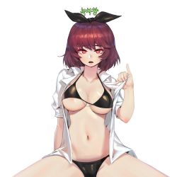 Rule 34 | 1girl, areola slip, bad id, bad pixiv id, bikini, black bikini, breasts, bright pupils, cleavage, hair ribbon, halterneck, large breasts, medium hair, navel, open clothes, open mouth, open shirt, pinky out, purple hair, red eyes, ribbon, romana, shirt, simple background, sitting, sleeves rolled up, solo, swimsuit, white background